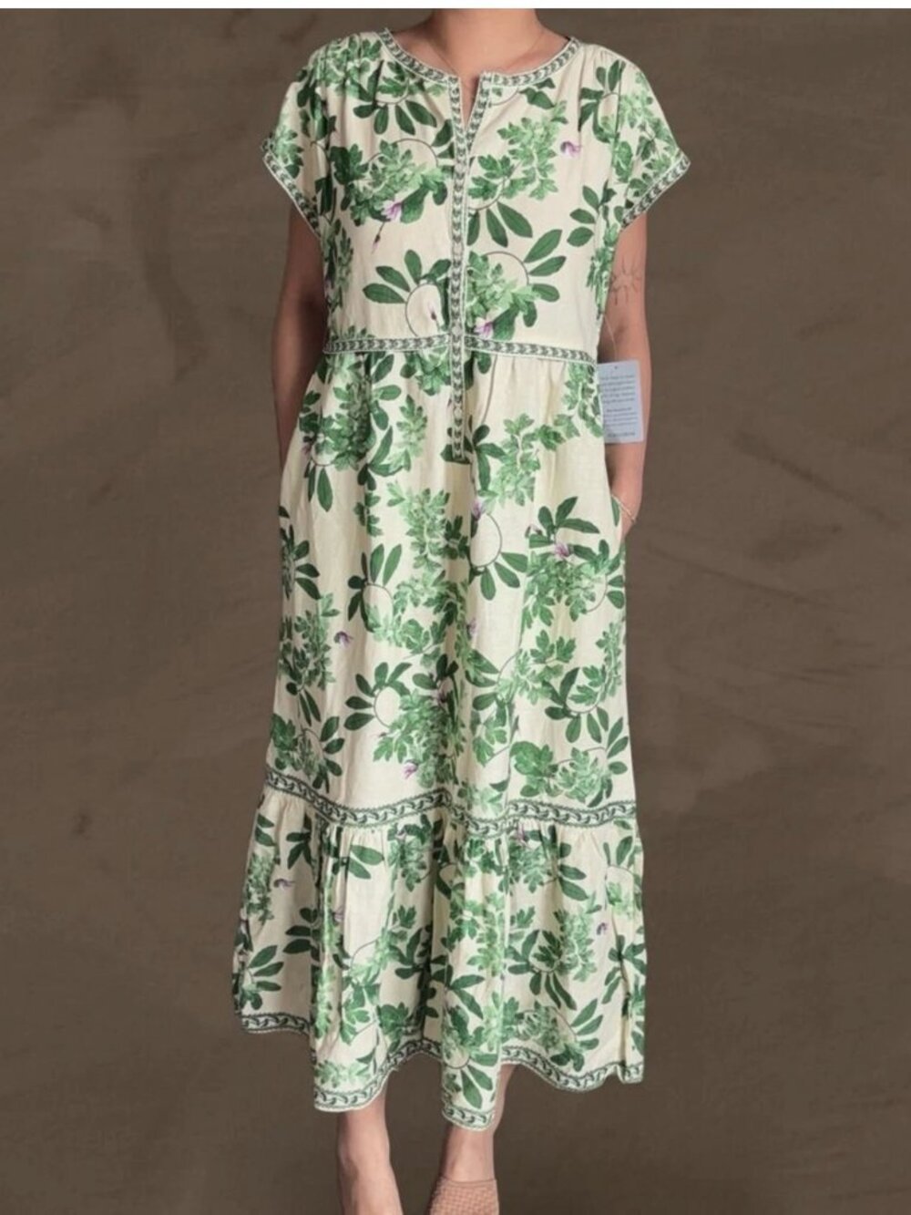 Max Studio Green floral tiered maxi dress linen cottagecore boho size small NEW